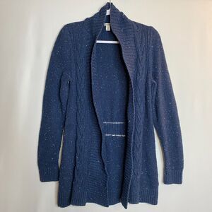 LL Bean Open Front Cardigan Sweater Cable Knit Speckled Blue Yarn Size M